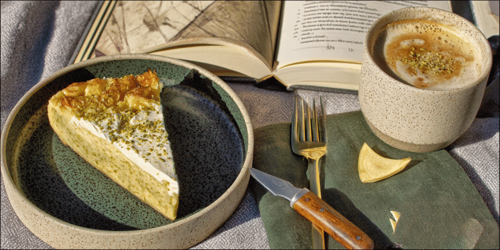pistachio desserts with coffee and recipe card styled for Pinterest and Discover