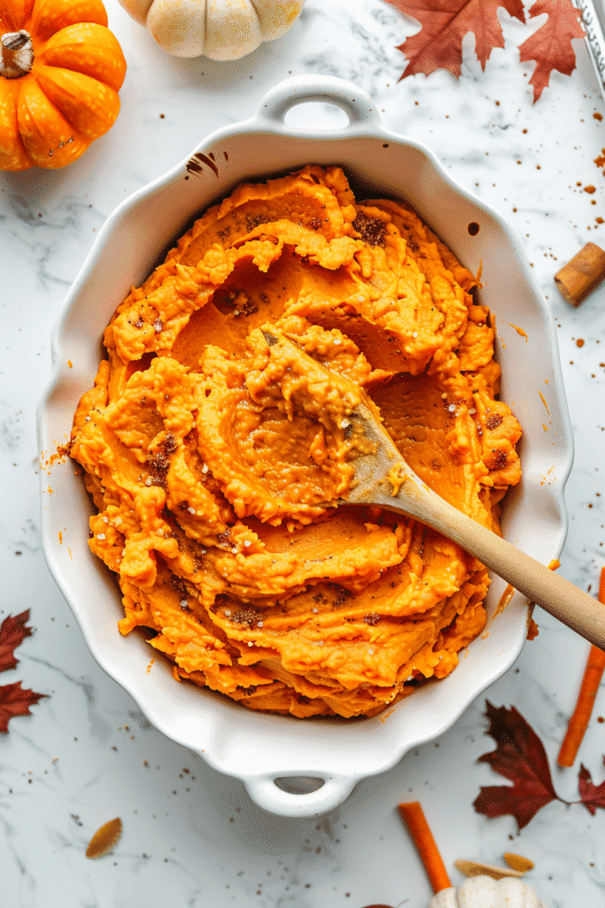 Sweet potato filling being spread evenly into white baking dish.