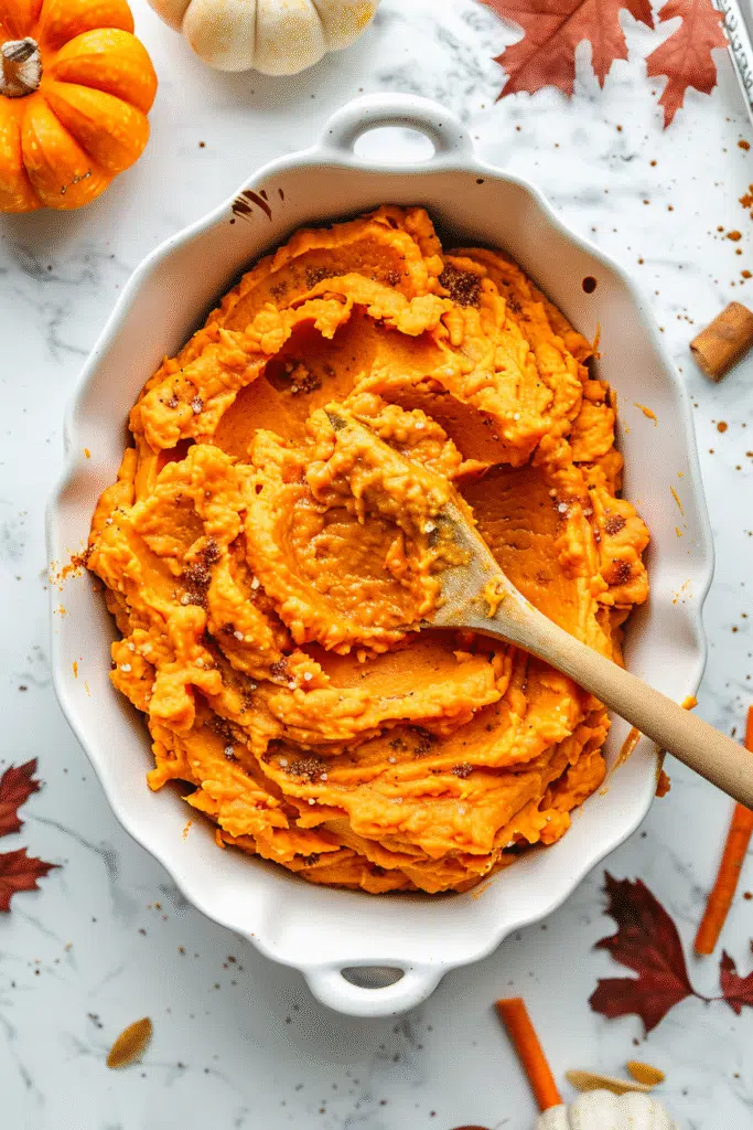 Sweet potato filling being spread evenly into white baking dish.