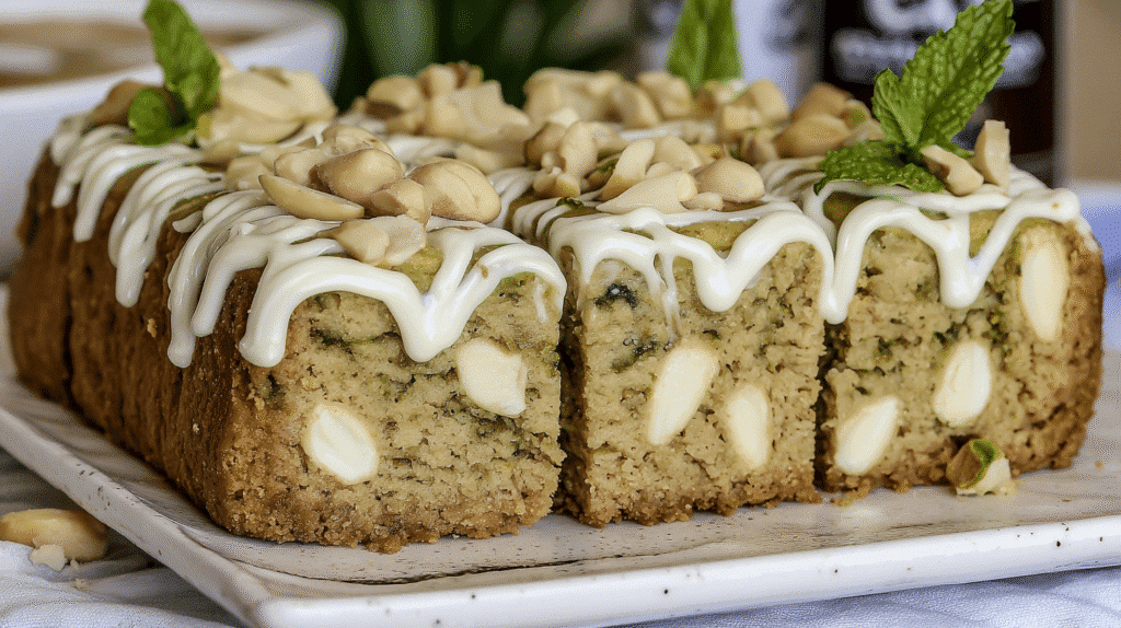 pistachio cheesecake bars with white chocolate drizzle and chopped nuts