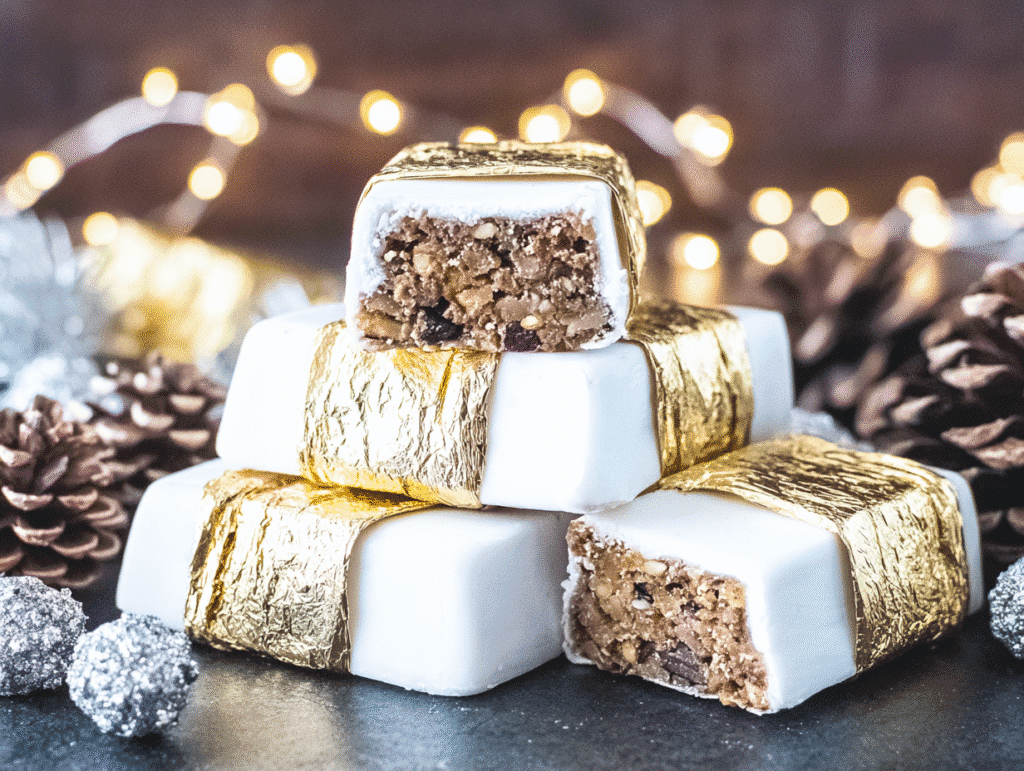 pistachio fudge squares wrapped in gold foil
