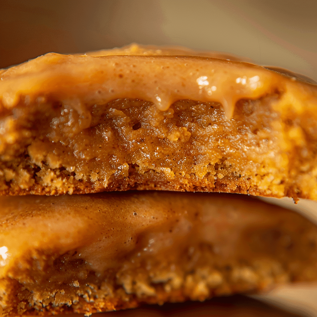 Pumpkin spice cookie broken in half showing soft cakey interior texture with espresso glaze on top