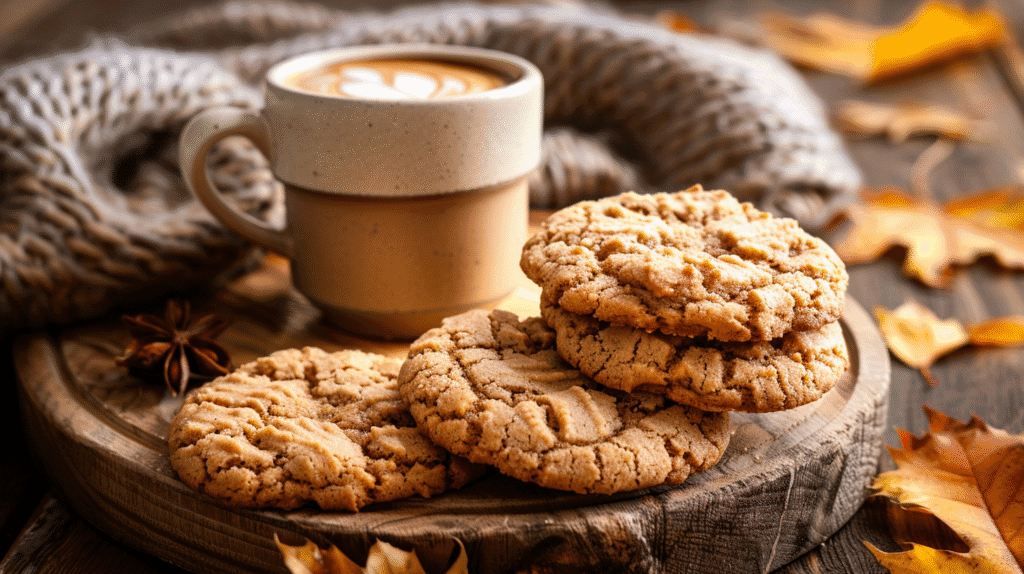 Pumpkin spice latte cookies on rustic wooden board with latte in background and fall leaves cozy blanket