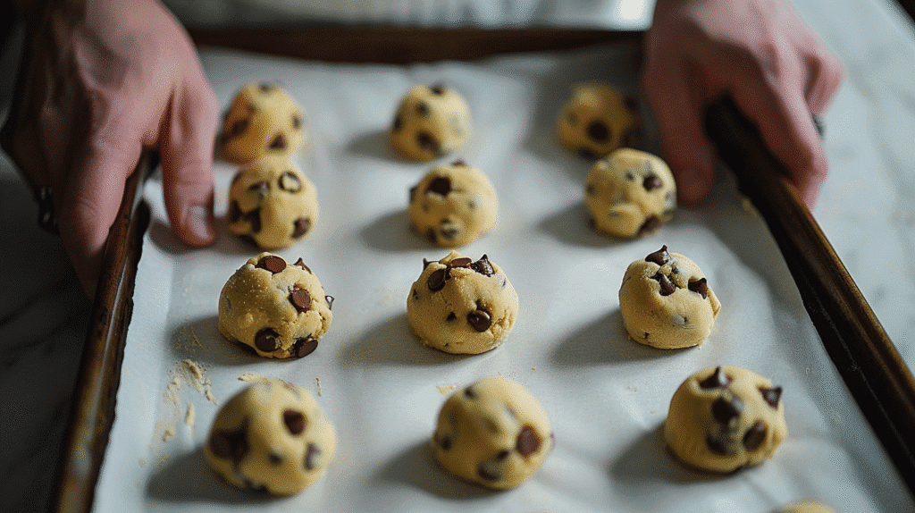 Scooped pumpkin cookie dough balls on parchment-lined baking sheet ready to bake with even spacing