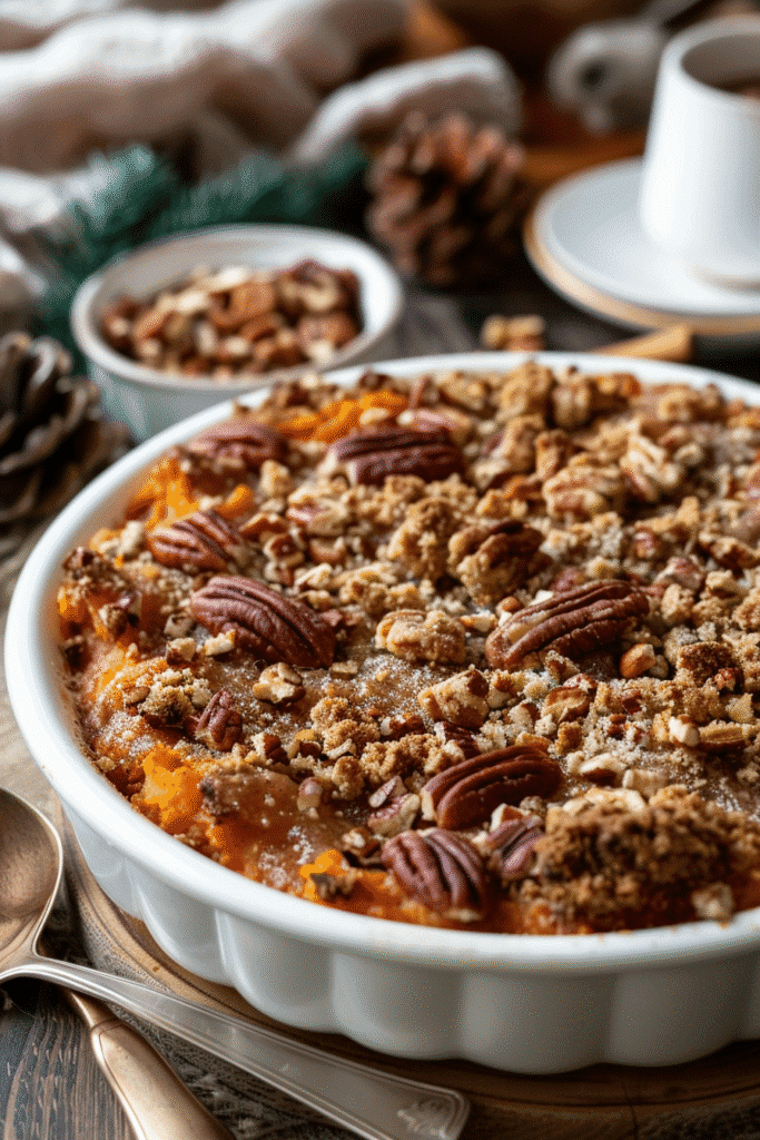 Southern sweet potato casserole with golden pecan crumble topping.