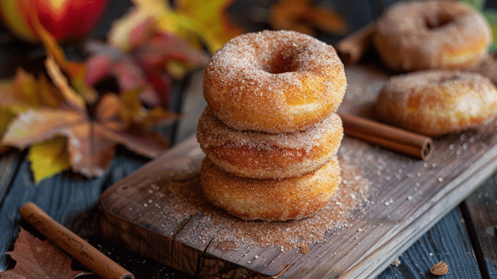 Golden air fryer apple cider donuts stacked and coated in cinnamon sugar on wooden board