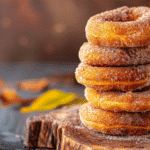 Golden air fryer apple cider donuts stacked and coated in cinnamon sugar on wooden board