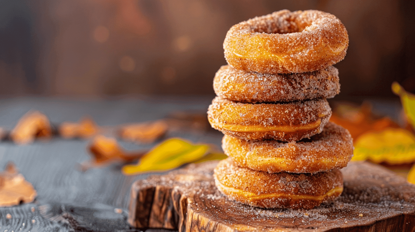 Golden air fryer apple cider donuts stacked and coated in cinnamon sugar on wooden board