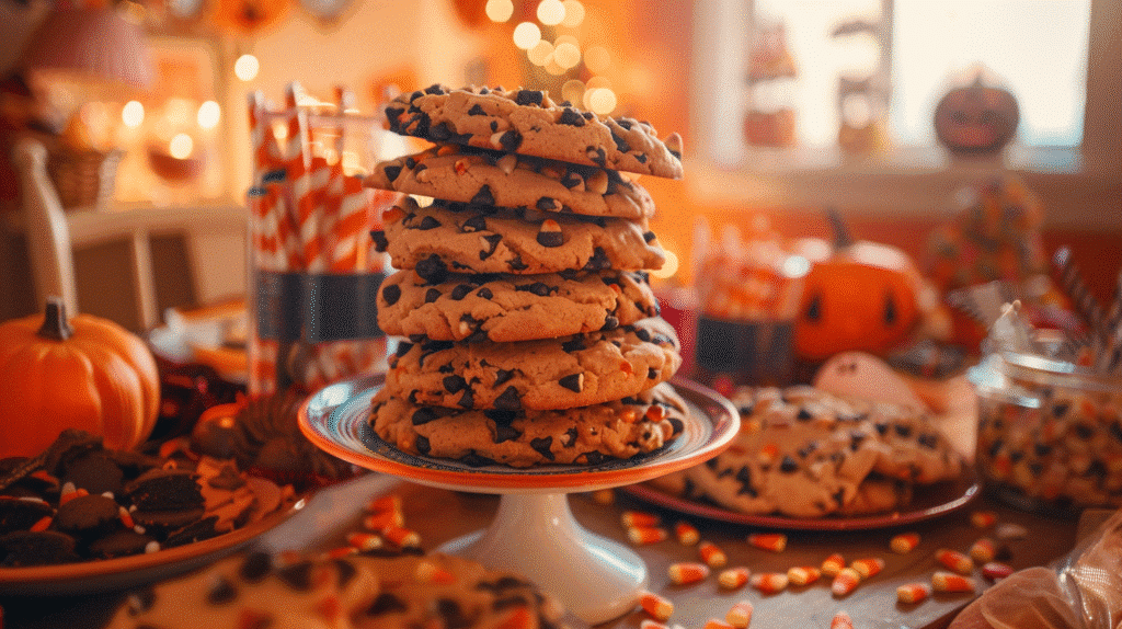 Stack of Halloween trash can cookies on themed serving platter with orange and black decorations candy corn scattered around festive setup