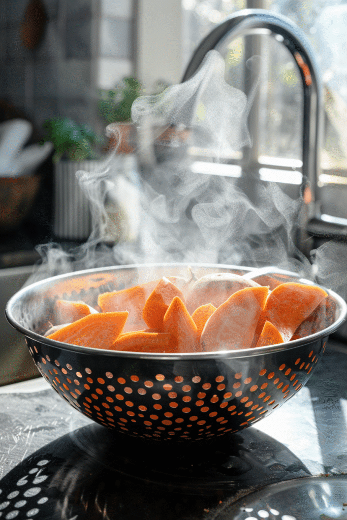 Boiled sweet potatoes draining in colander