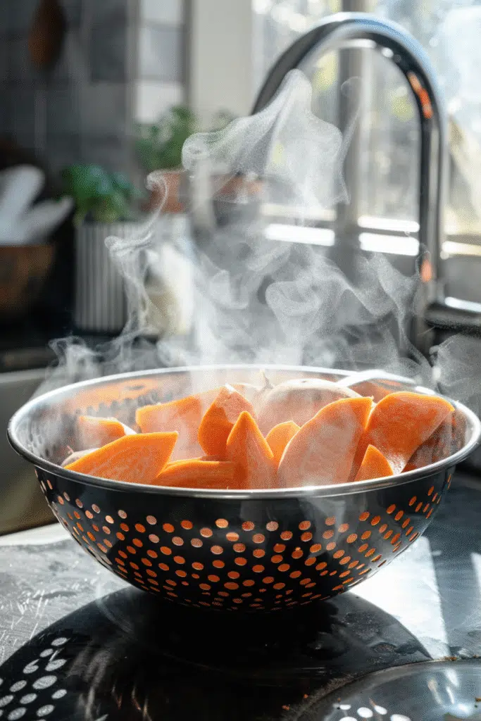 Boiled sweet potatoes draining in colander