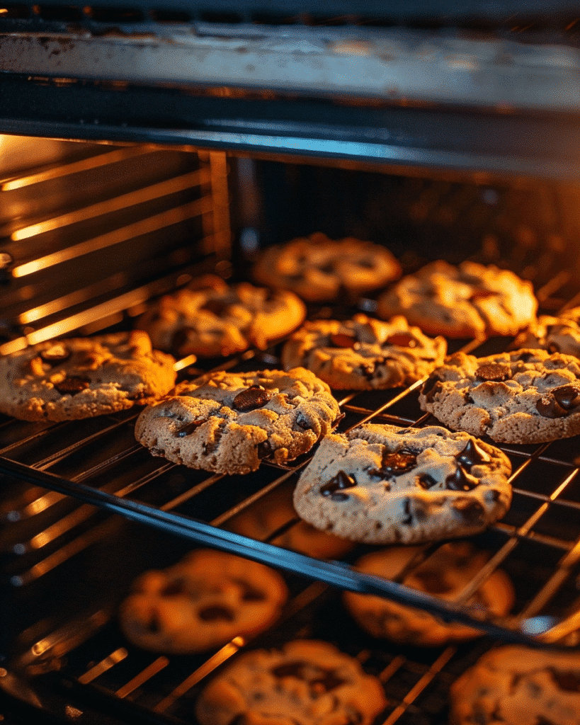 Halloween trash can cookies baking in oven visible through oven door with chocolate melting and golden edges forming
