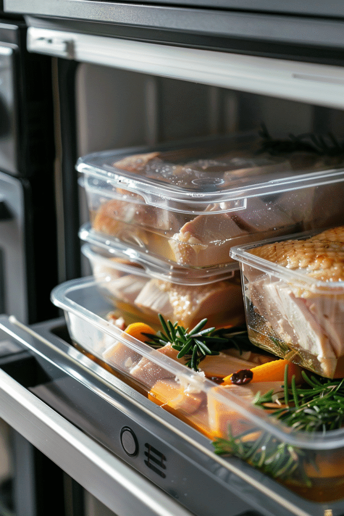 Storing leftover turkey slices with broth in containers