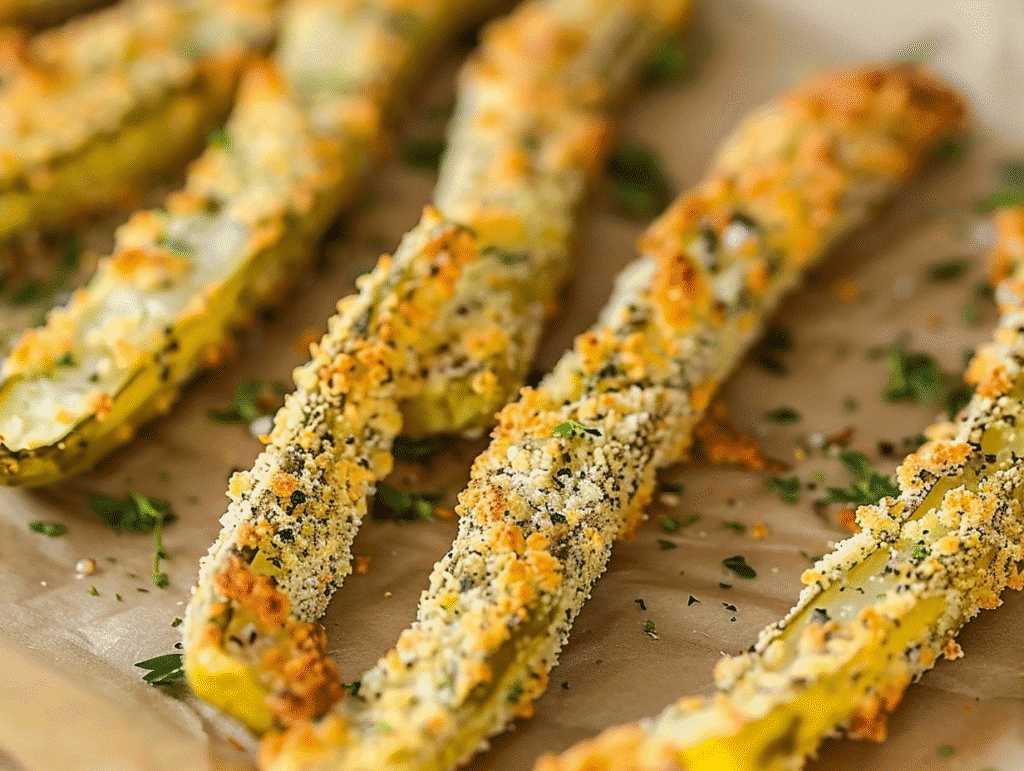 Golden baked pickle fries cooling on parchment paper