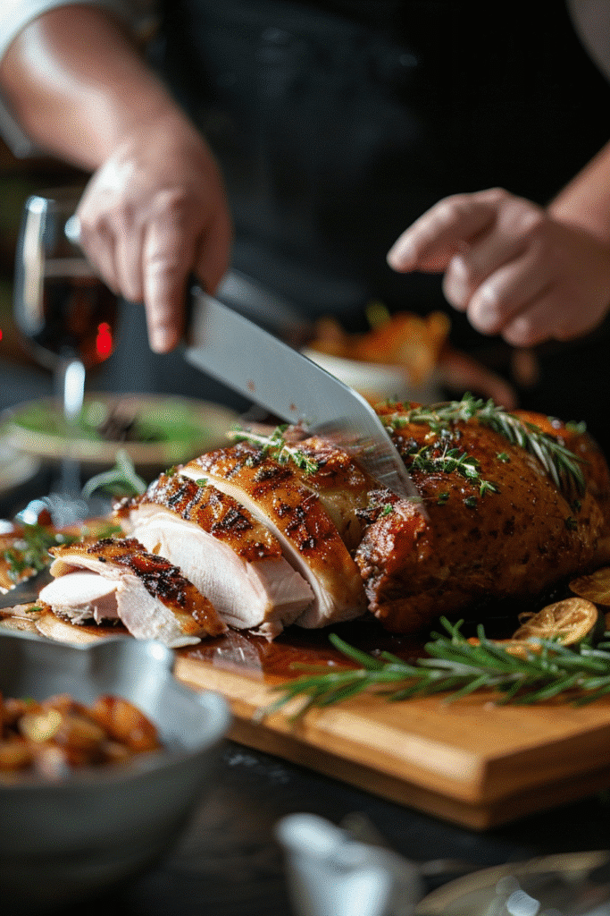 Carving Thanksgiving turkey on a wooden board