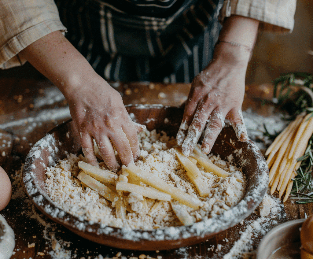 Hands breading pickle sticks in flour, egg, and breadcrumbs.