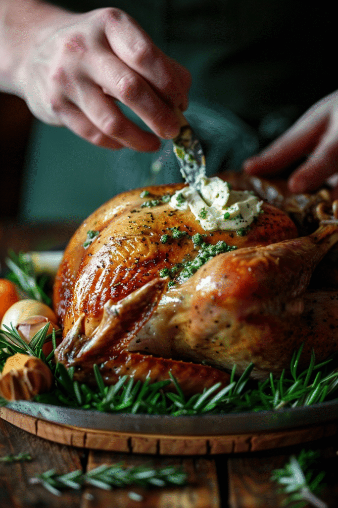 Mixing herb butter with garlic and rosemary for turkey