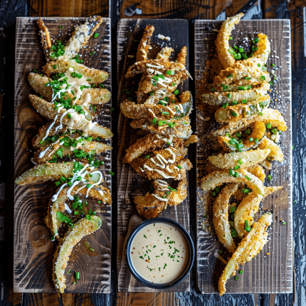 Three variations of pickle fries: garlic parmesan, spicy, and vegan.