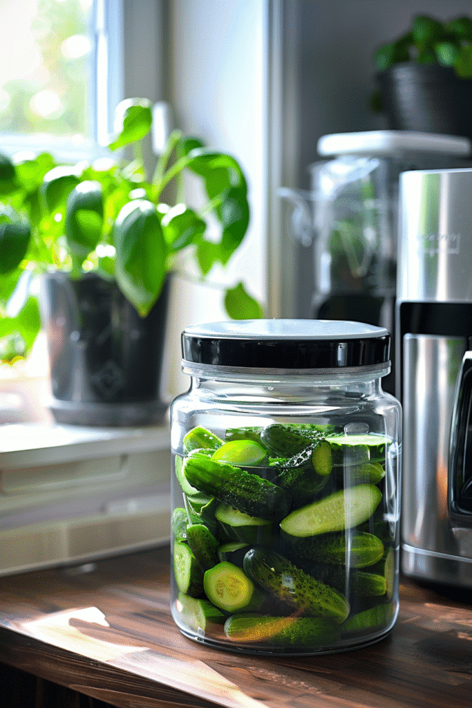 Leftover pickle fries stored in glass container with air fryer in background