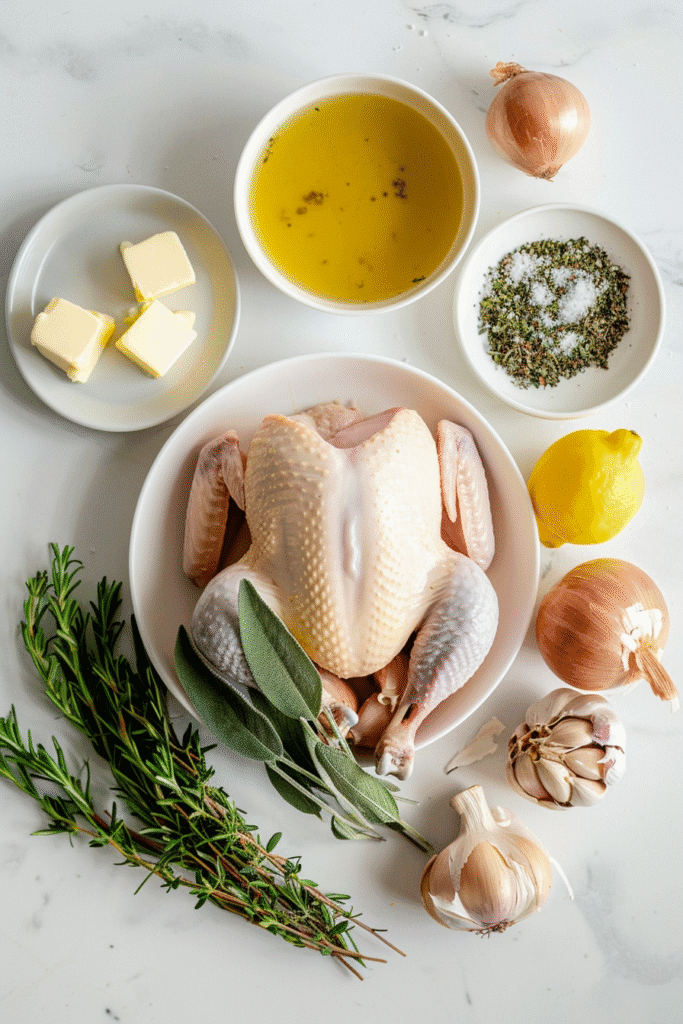 Thanksgiving turkey ingredients with butter, herbs, and lemon