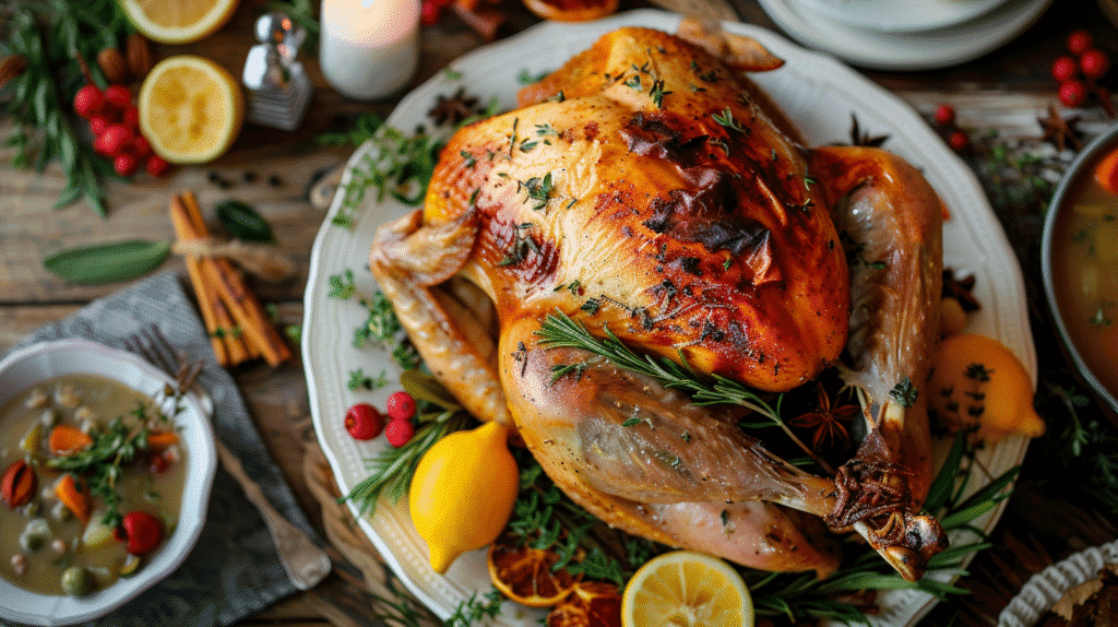 Juicy easy Thanksgiving turkey for beginners with golden skin and herbs
