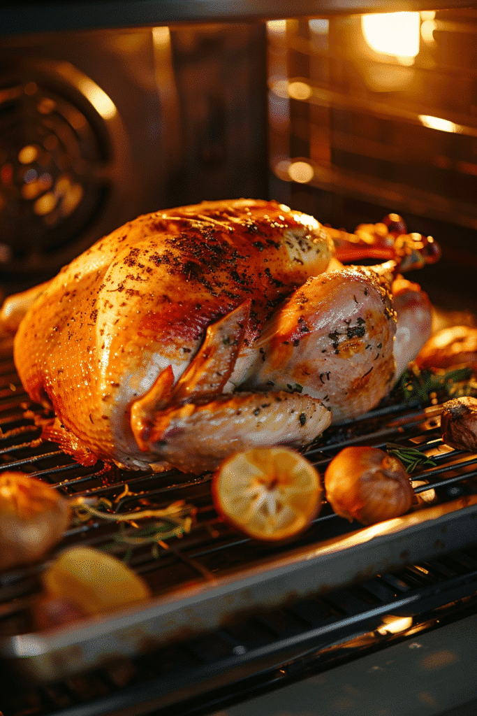 Golden turkey roasting in oven with thermometer