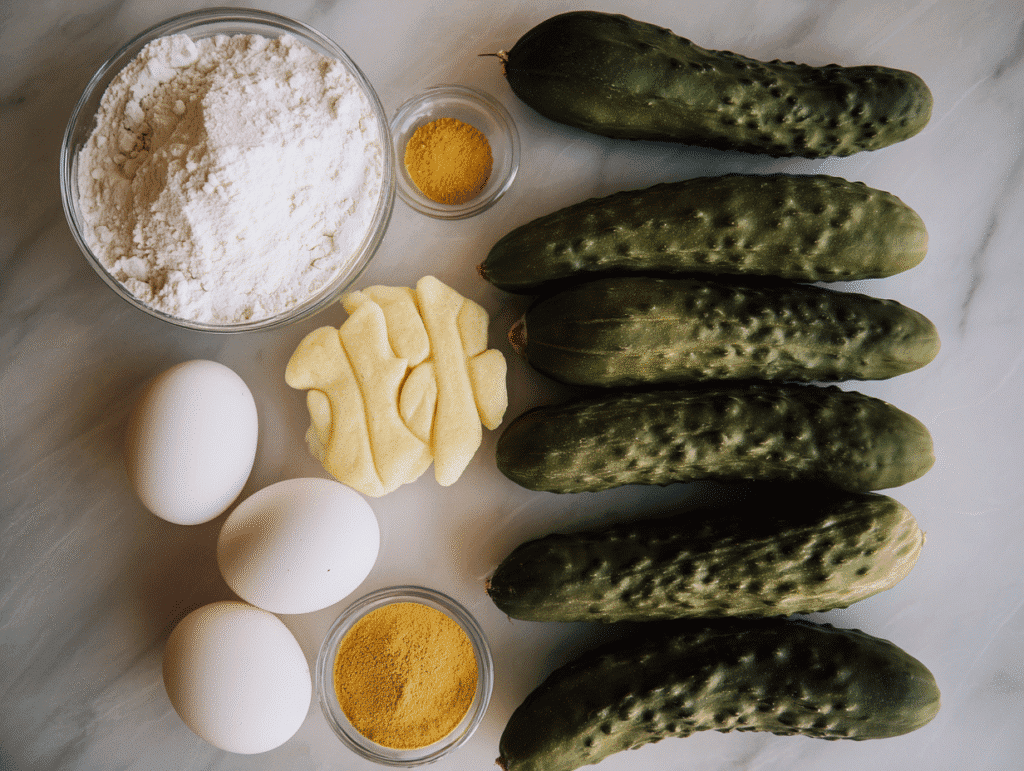 Flat lay of pickle fries ingredients including dill pickles, flour, eggs, and breadcrumbs.