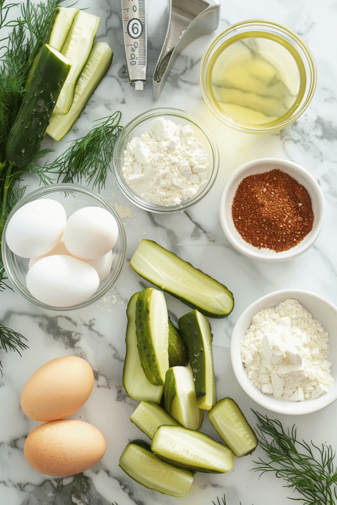 Flat lay of pickle fries ingredients including dill pickles, flour, eggs, and breadcrumbs.