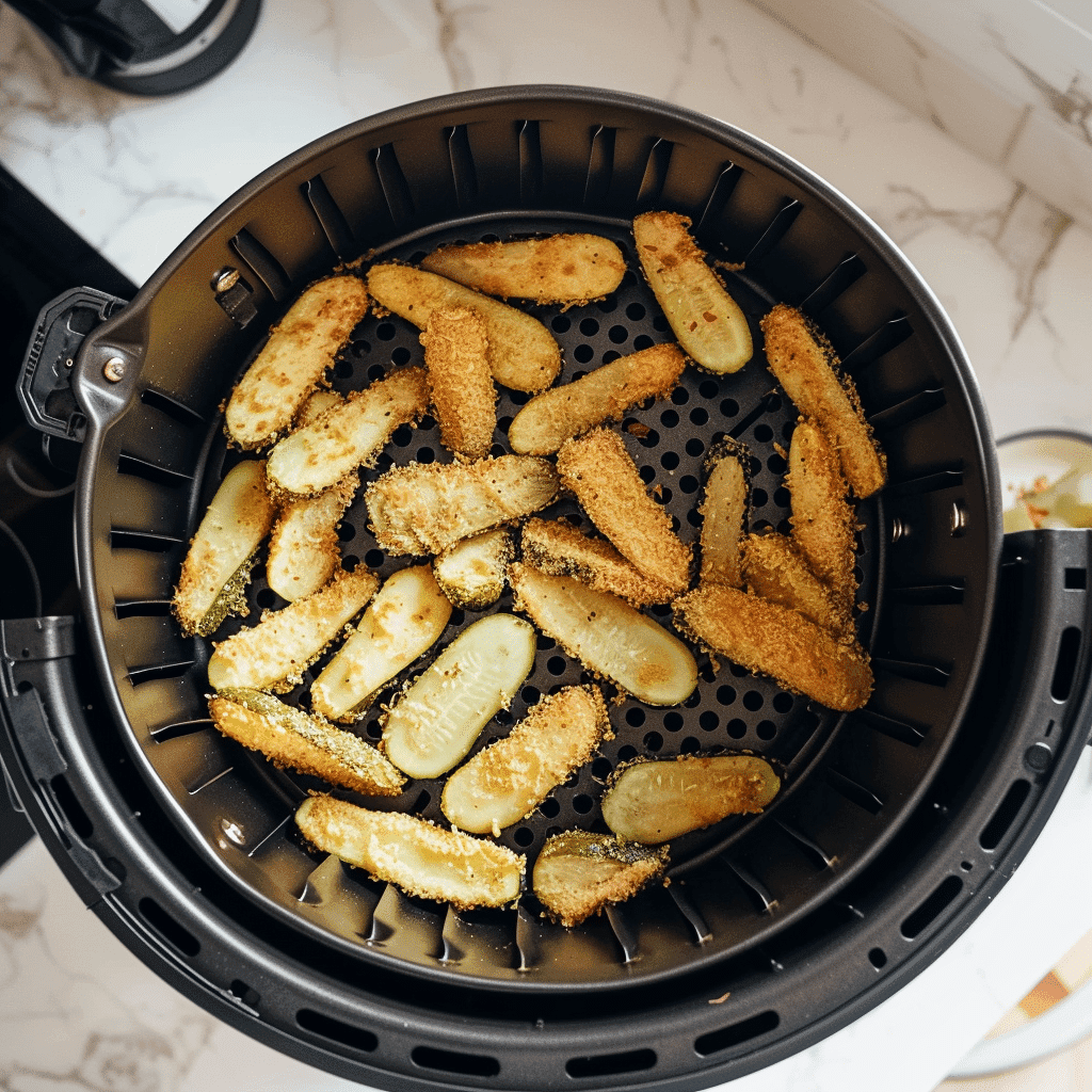 Air fryer basket filled with golden pickle fries mid-cook.