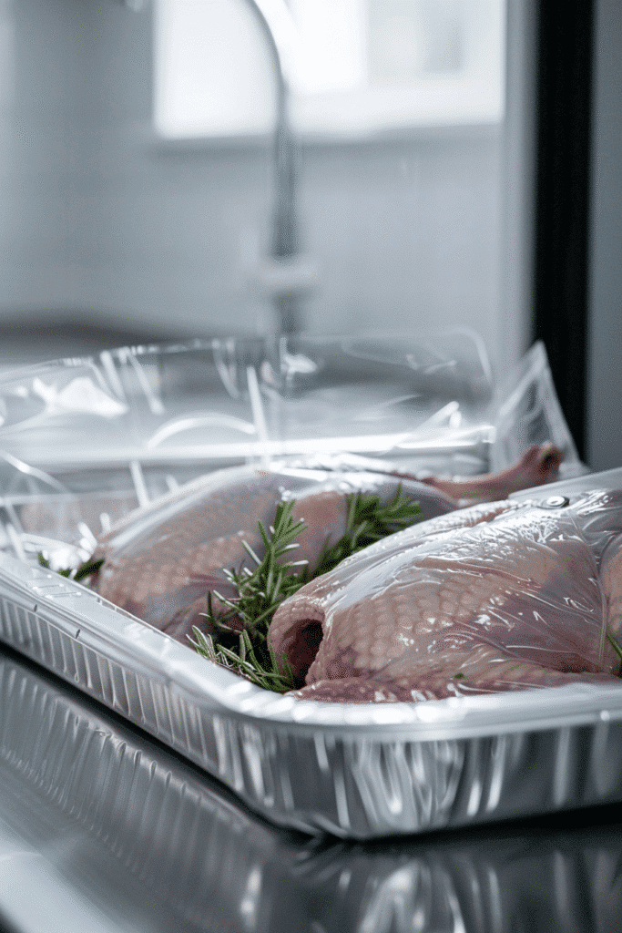 Frozen turkey thawing safely in refrigerator