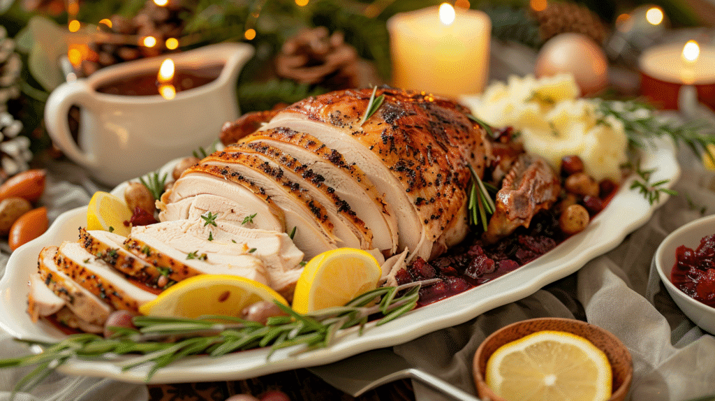 Sliced Thanksgiving turkey with gravy and herbs