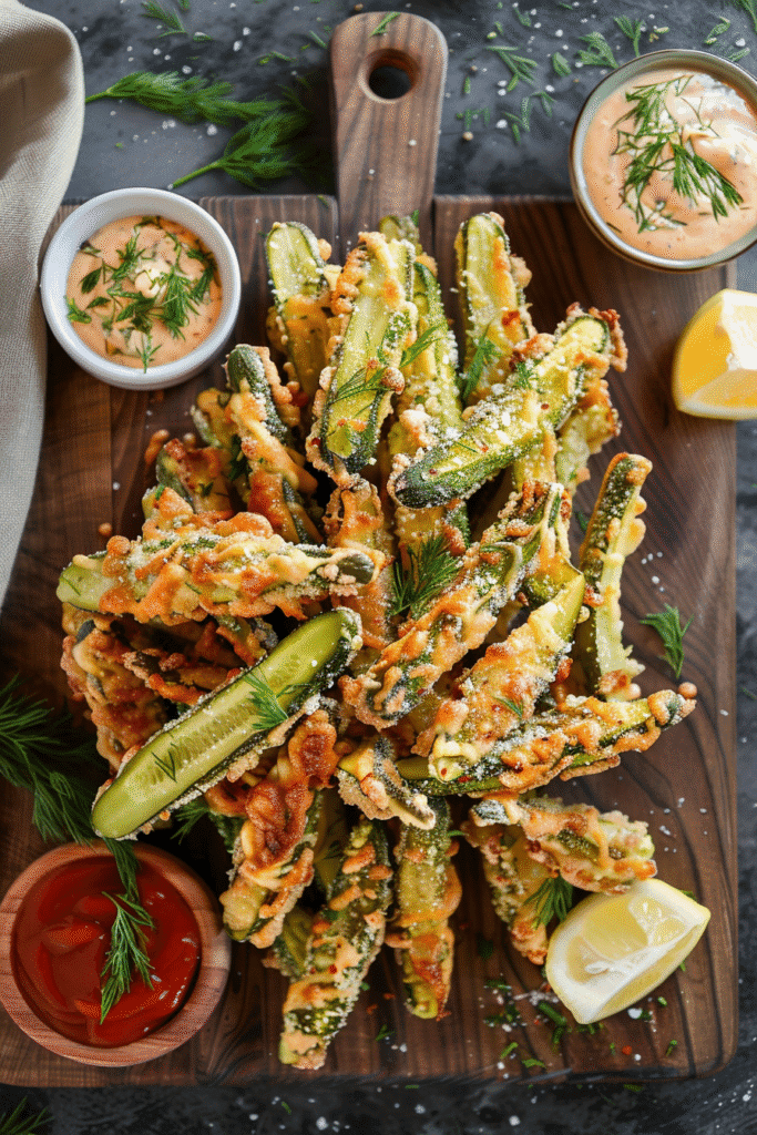 Pickle fries served on a board with dipping sauces and dill garnish