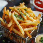 Crispy golden pickle fries served in a basket with dipping sauces.