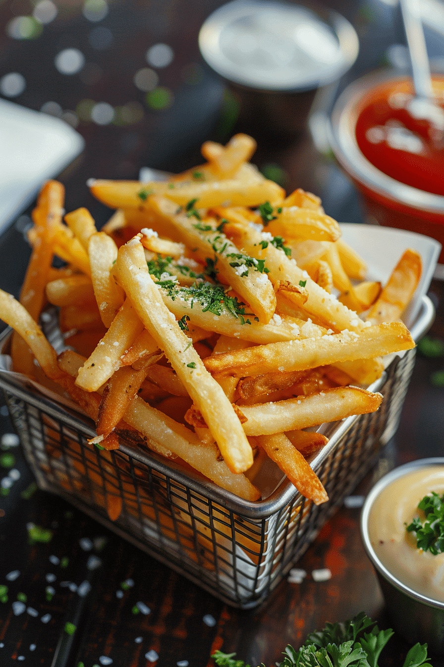 Crispy golden pickle fries served in a basket with dipping sauces.