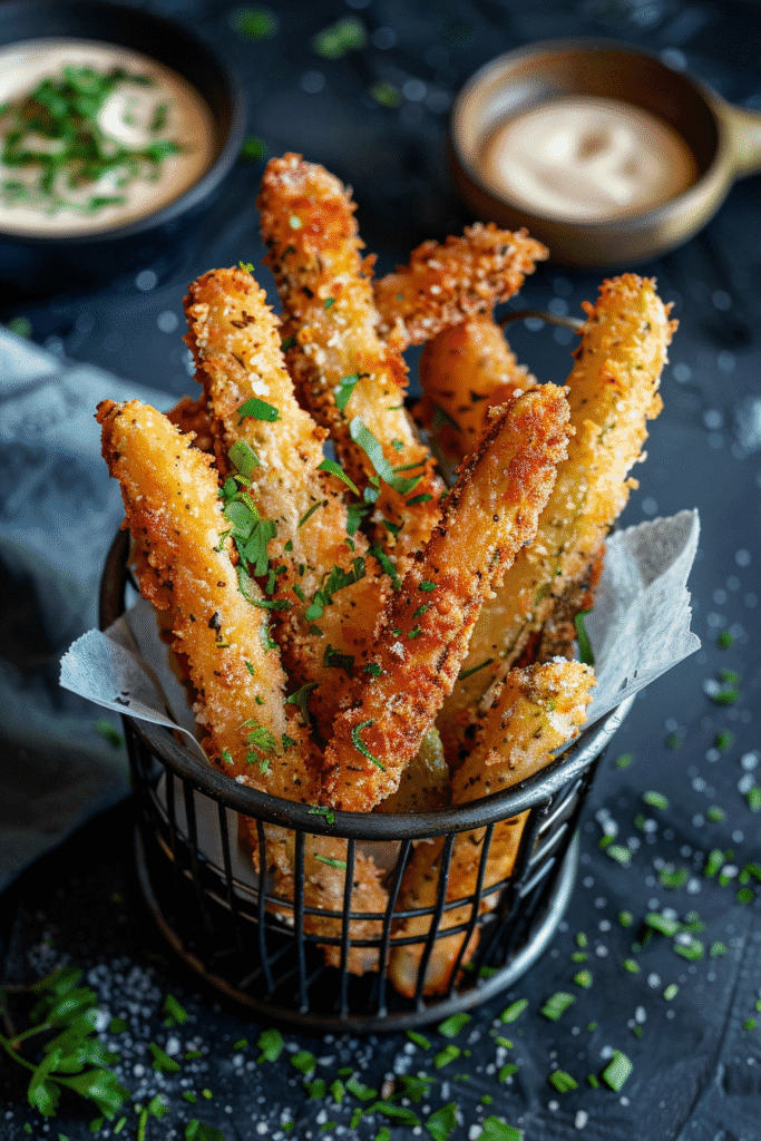 Crispy golden pickle fries served in a basket with dipping sauces.