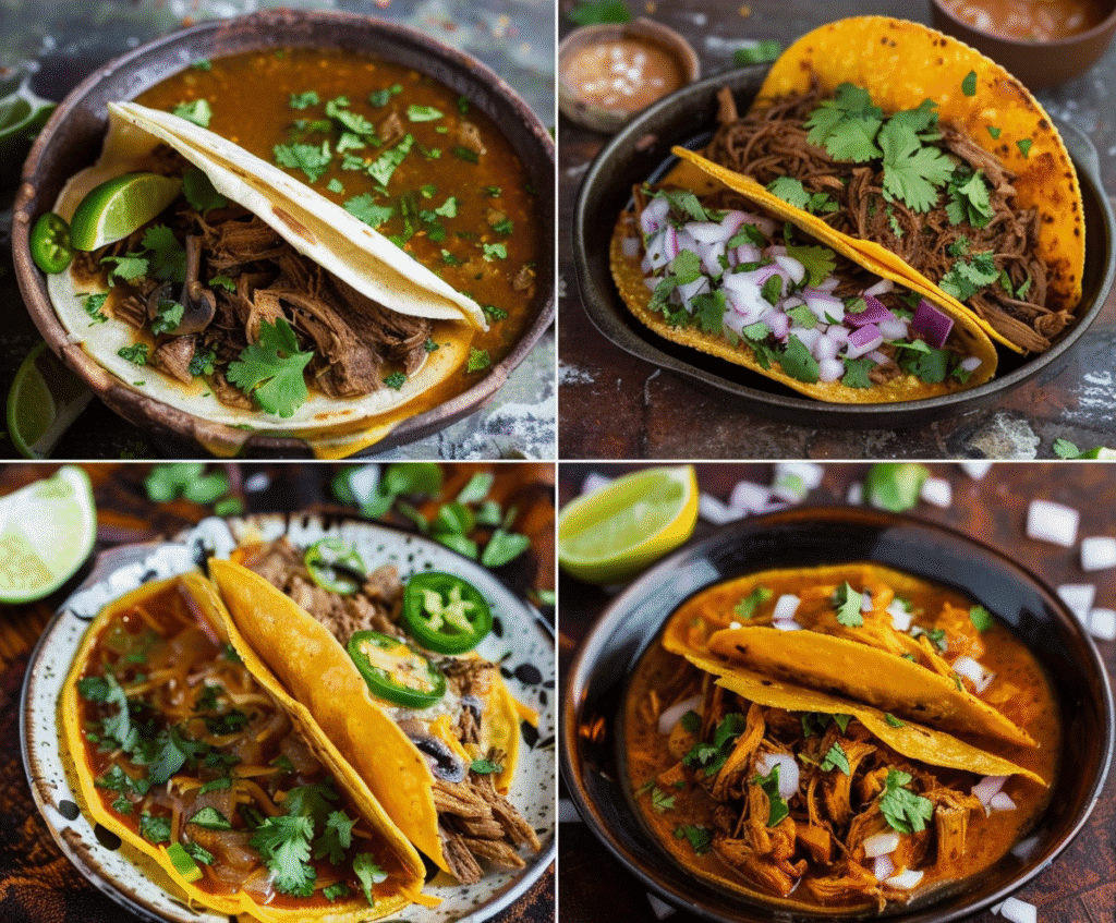 Four birria taco variations including Instant Pot, slow cooker, chicken, and mushroom options