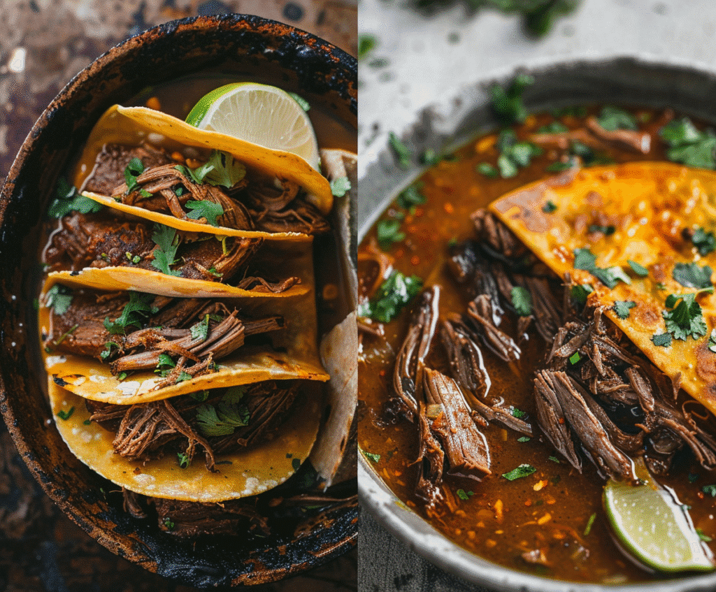 Side-by-side birria taco troubleshooting examples showing common mistakes and perfect results