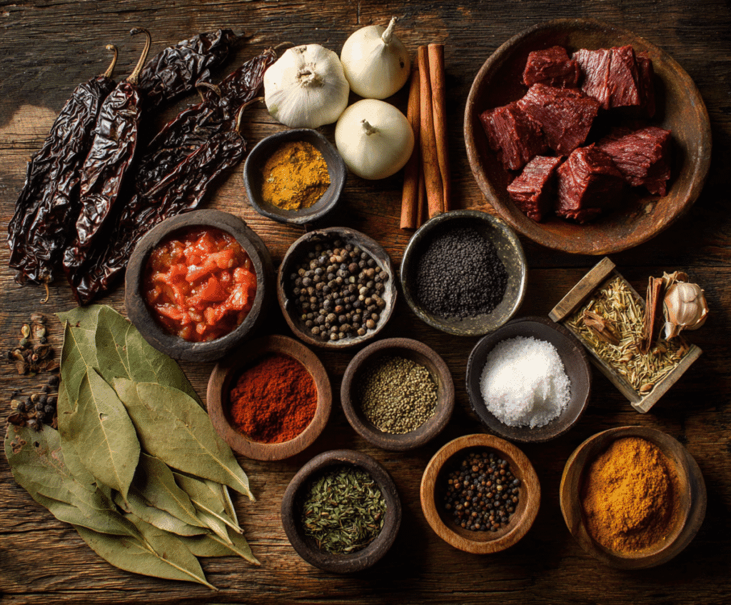 Authentic birria taco ingredients including dried chiles, beef, and spices arranged on rustic surface
