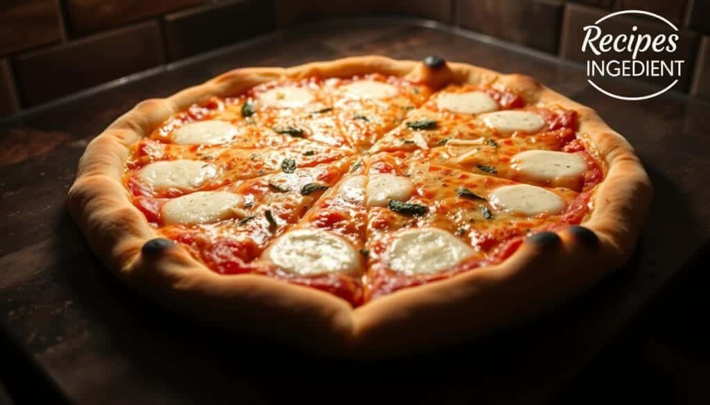 A freshly baked, artisanal cheese pizza, straight out of a wood-fired oven. The crust is golden-brown and perfectly crisp, with just the right amount of char and crunch. The surface is blanketed in a generous layer of melted, bubbly mozzarella cheese, glistening under the warm kitchen lighting. Sprinkled with a dusting of fragrant oregano and a few grated parmesan shavings, the pizza emanates an irresistible aroma. In the background, a Recipes Ingredient logo is subtly visible, hinting at the high-quality ingredients used to create this classic, crowd-pleasing dish.