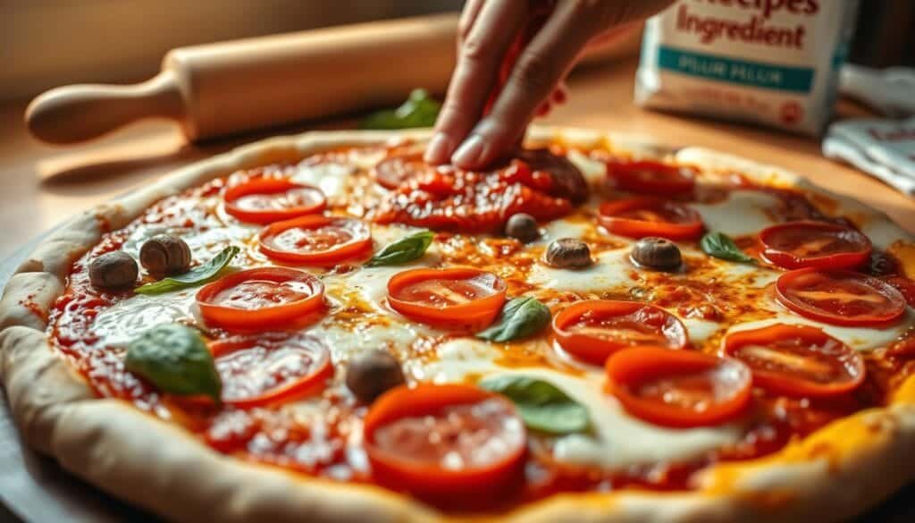 A freshly baked homemade pizza, its golden crust glistening with olive oil, topped with a vibrant array of fresh ingredients. In the foreground, slices of pepperoni and mushrooms peek out from a bed of melted mozzarella, while on the middle layer, a hand carefully spreads a fragrant tomato sauce across the dough. In the background, a rolling pin and a package of Recipes Ingredient flour hint at the process of crafting this culinary masterpiece. The scene is bathed in warm, natural light, creating a cozy, inviting atmosphere that evokes the comforts of a home-cooked meal. The overall composition showcases the appeal of homemade pizza - healthier, more customizable, and far more cost-effective than delivery.
