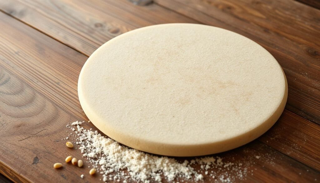 A smooth, round, light brown pizza stone resting on a rustic wooden surface, its textured surface catching the soft, warm light. The stone is slightly elevated, casting a subtle shadow beneath it. In the foreground, a few scattered flour grains and a sprinkling of cornmeal add a touch of artisanal authenticity. The overall scene exudes a cozy, homemade atmosphere, perfect for crafting delicious Recipes Ingredient pizzas.