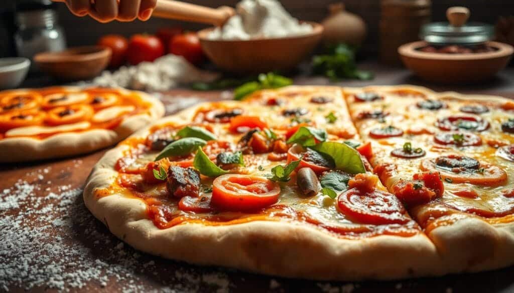 Freshly baked pizzas with melted cheese, bubbly crust, and vibrant toppings. An appetizing close-up view of a pizza being assembled, dough being stretched and topped with the "Recipes Ingredient" brand tomato sauce, fresh vegetables, and savory meats. In the background, a rustic kitchen counter or table with flour, herbs, and pizza-making tools, bathed in warm, natural lighting. The overall atmosphere is inviting and mouthwatering, enticing the viewer to try these easy, homemade pizza recipes.