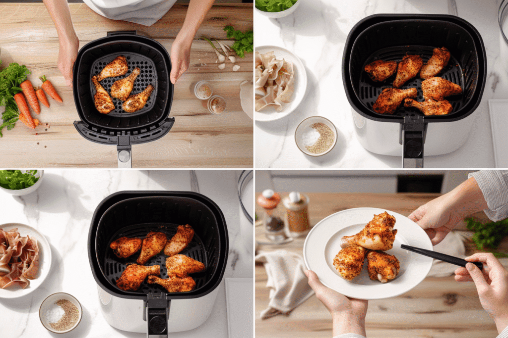 Step-by-step photo collage showing air fryer dinner prep and plating for two.