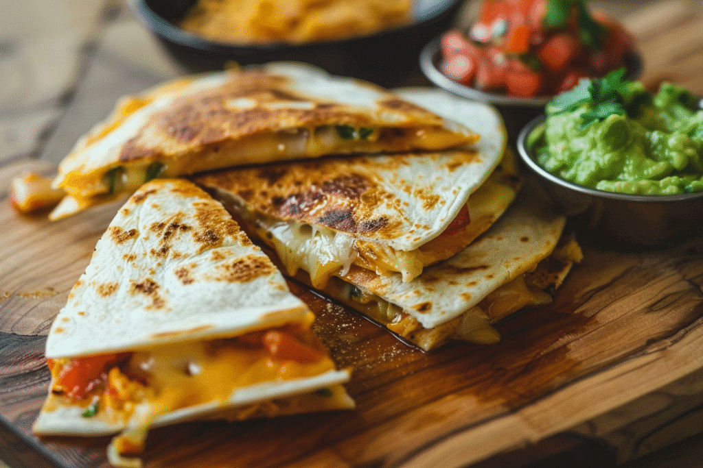 Crispy chicken quesadillas on a wooden board with cheese, salsa, and guacamole.