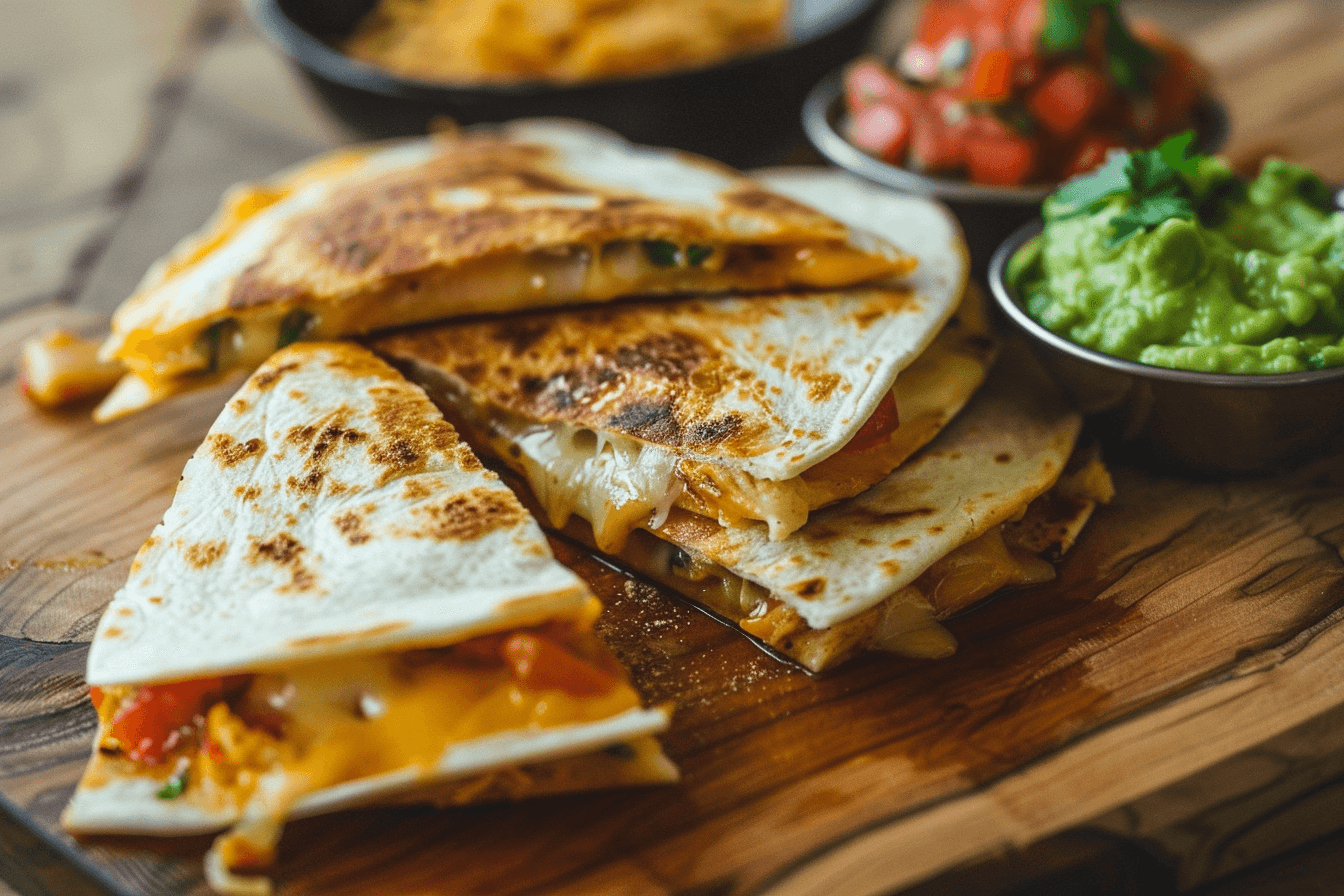 Crispy chicken quesadillas on a wooden board with cheese, salsa, and guacamole.