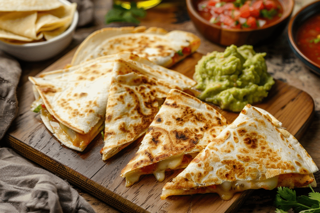 Crispy chicken quesadillas on a wooden board with cheese, salsa, and guacamole.