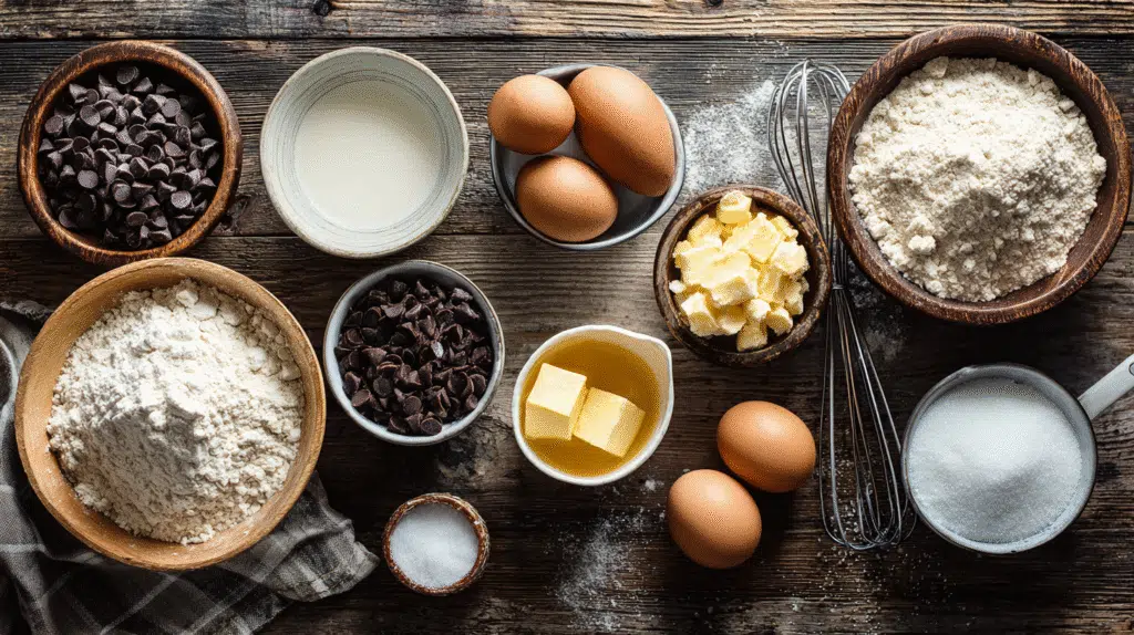 Flat lay of ingredients for easy chocolate chip pancakes on a rustic wooden table