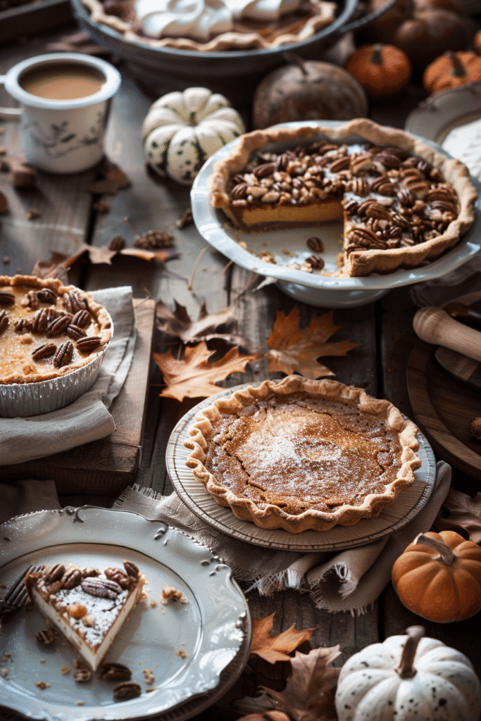 Thanksgiving desserts table with pumpkin pie, pecan tart, and apple crisp on rustic holiday table – easy Thanksgiving desserts 2025