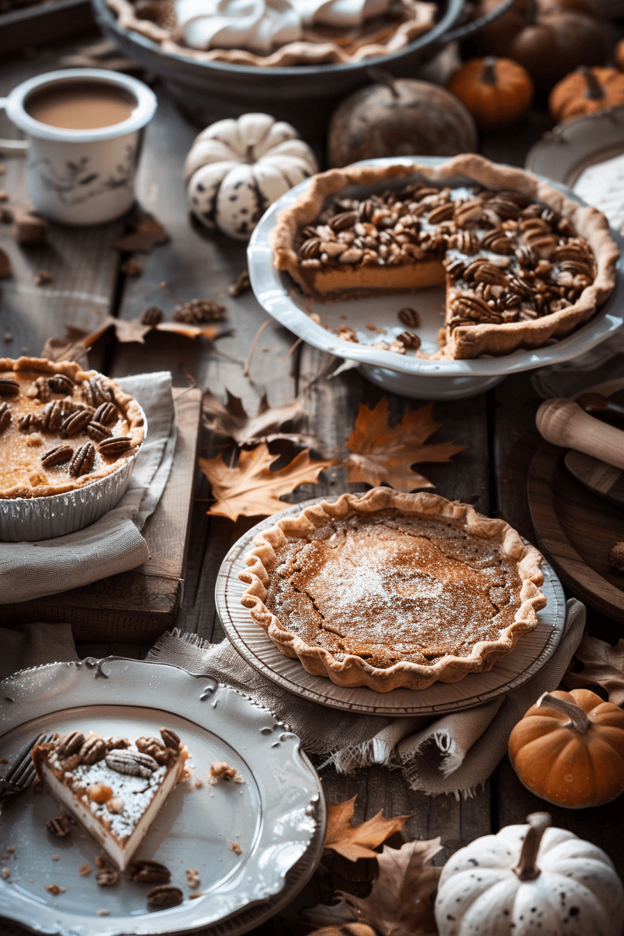 Thanksgiving desserts table with pumpkin pie, pecan tart, and apple crisp on rustic holiday table – easy Thanksgiving desserts 2025