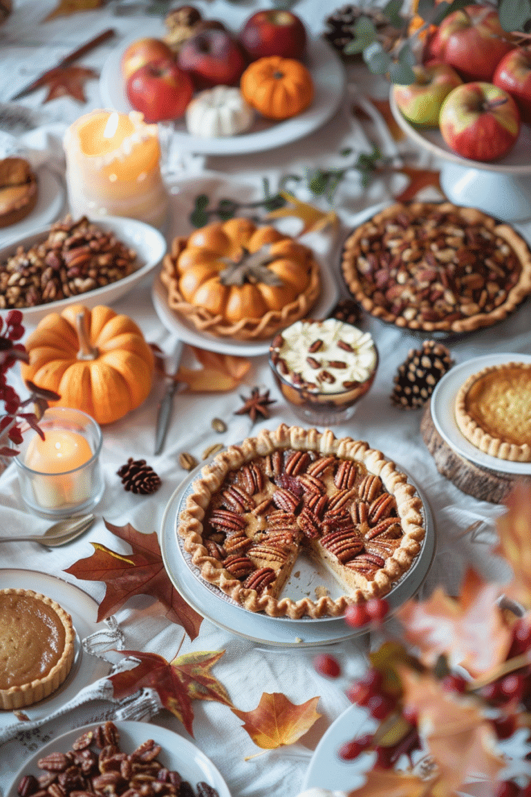 Thanksgiving desserts table with pumpkin pie, pecan tart, and apple crisp on rustic holiday table – easy Thanksgiving desserts 2025